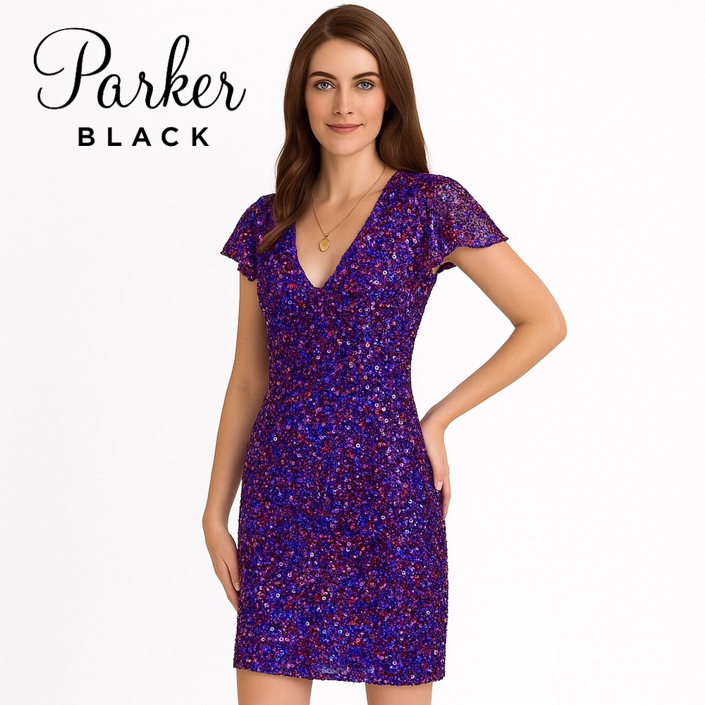 🆕🏷️ Parker Black Audry V-Neck Metallic Beaded Mini Cocktail Dress Sz 4